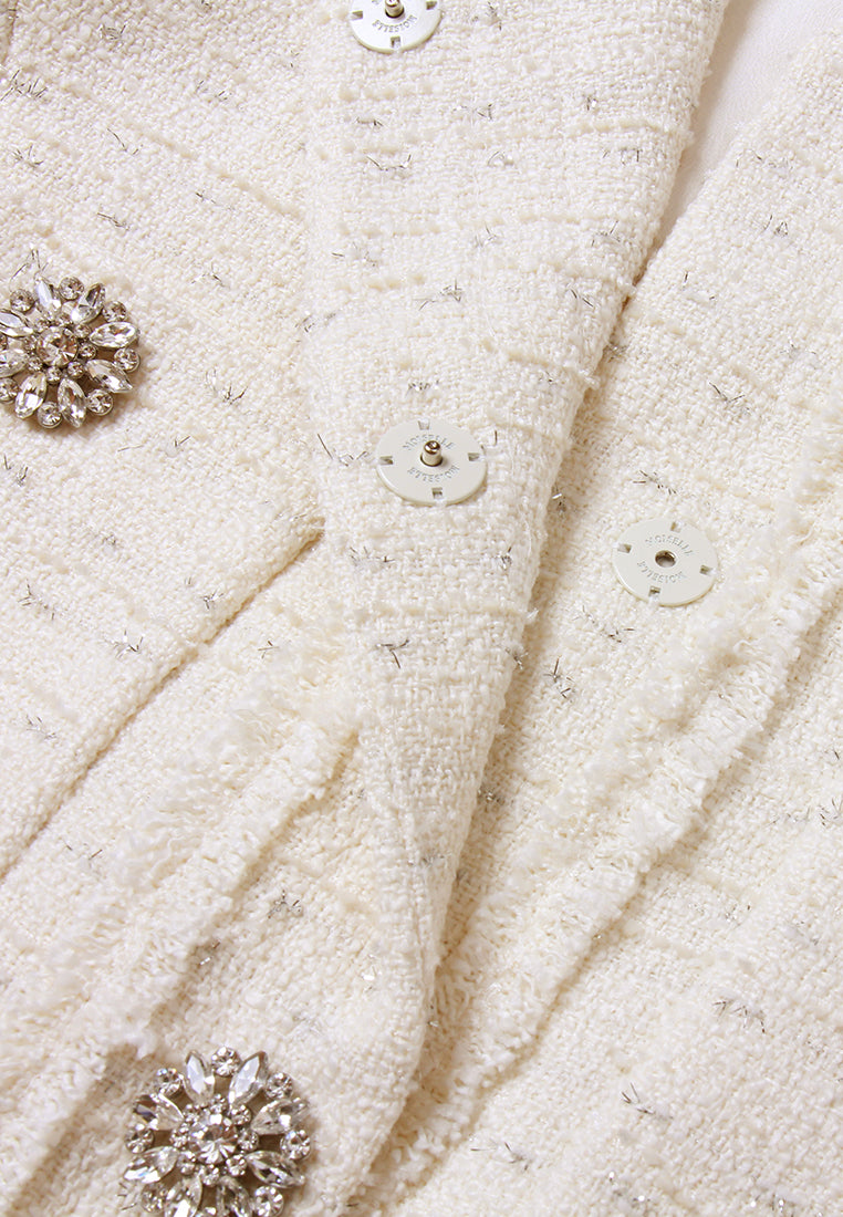 Flower-Motif Crystal-Embellished Tweed Coat