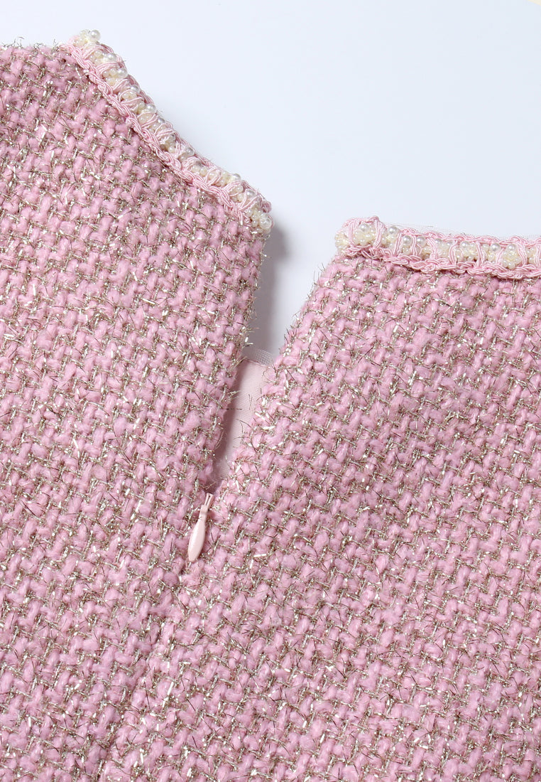 Pink Tweed Dress with Fringe Trim