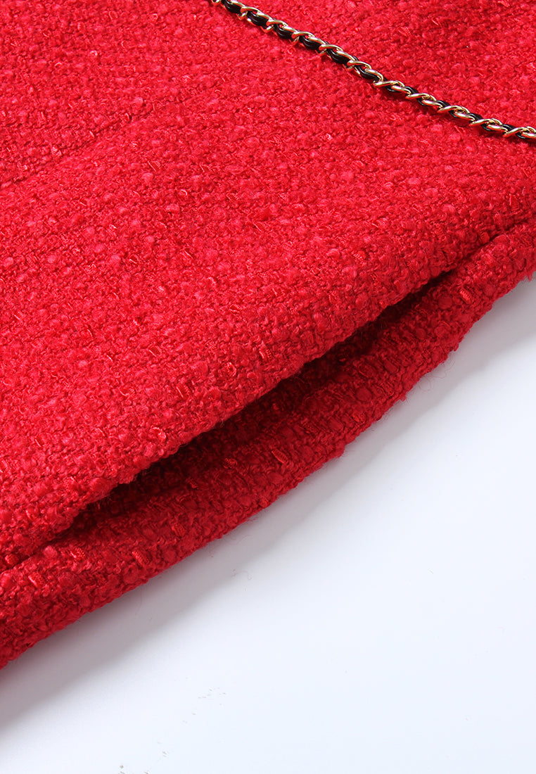 Crimson Medallion Pleated Tweed Dress