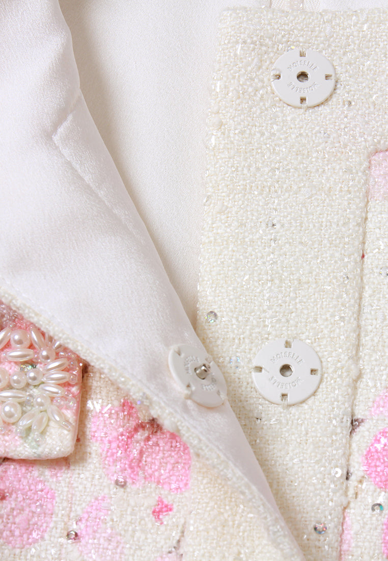 Flower-Motif Embellished Tweed Dress