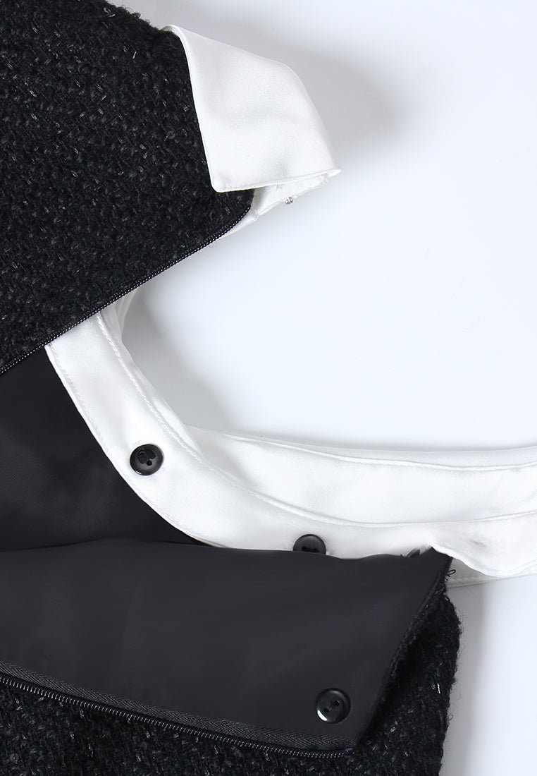 Contrast Collar Button Tweed Dress