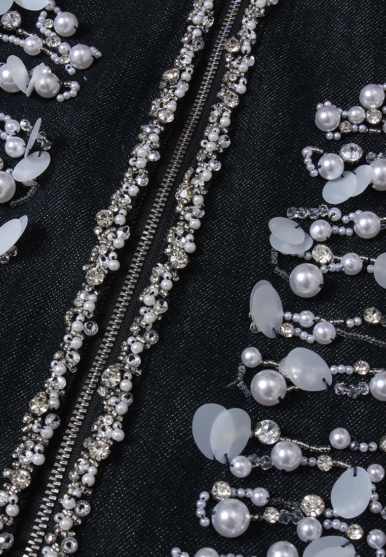 Contrasting-embellishment Denim Bomber Jacket