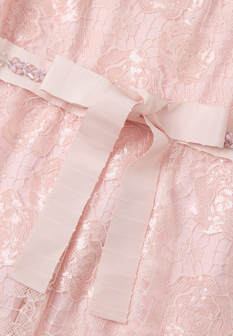 Bow-belt Stand-collar Bead-and-crystal Embellished Lace Dress