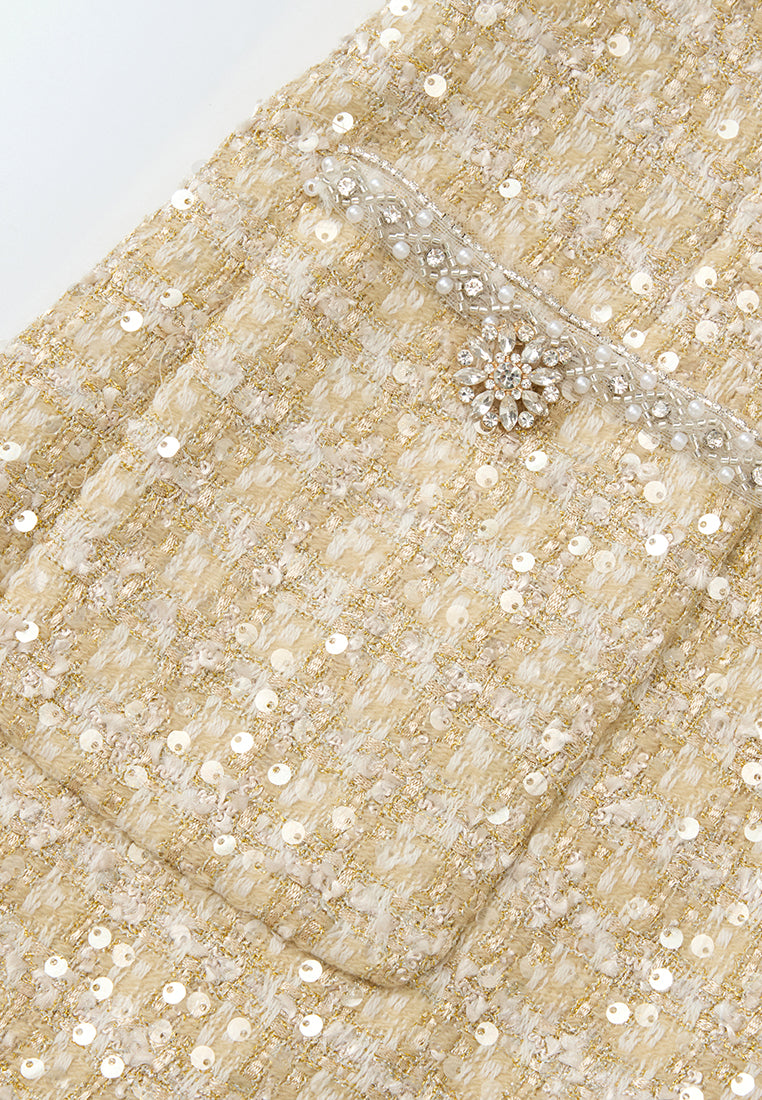 Lurex Checked Tweed Embellished Long Jacket