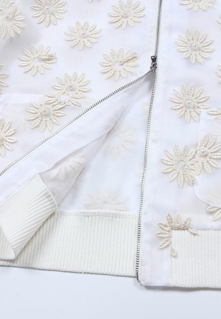 Ivory Daisy Sheer Pearl Bomber Jacket