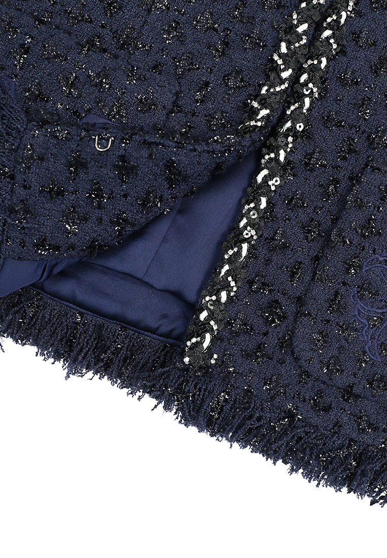 Bleu Tweed Tresse Frangée Jacket