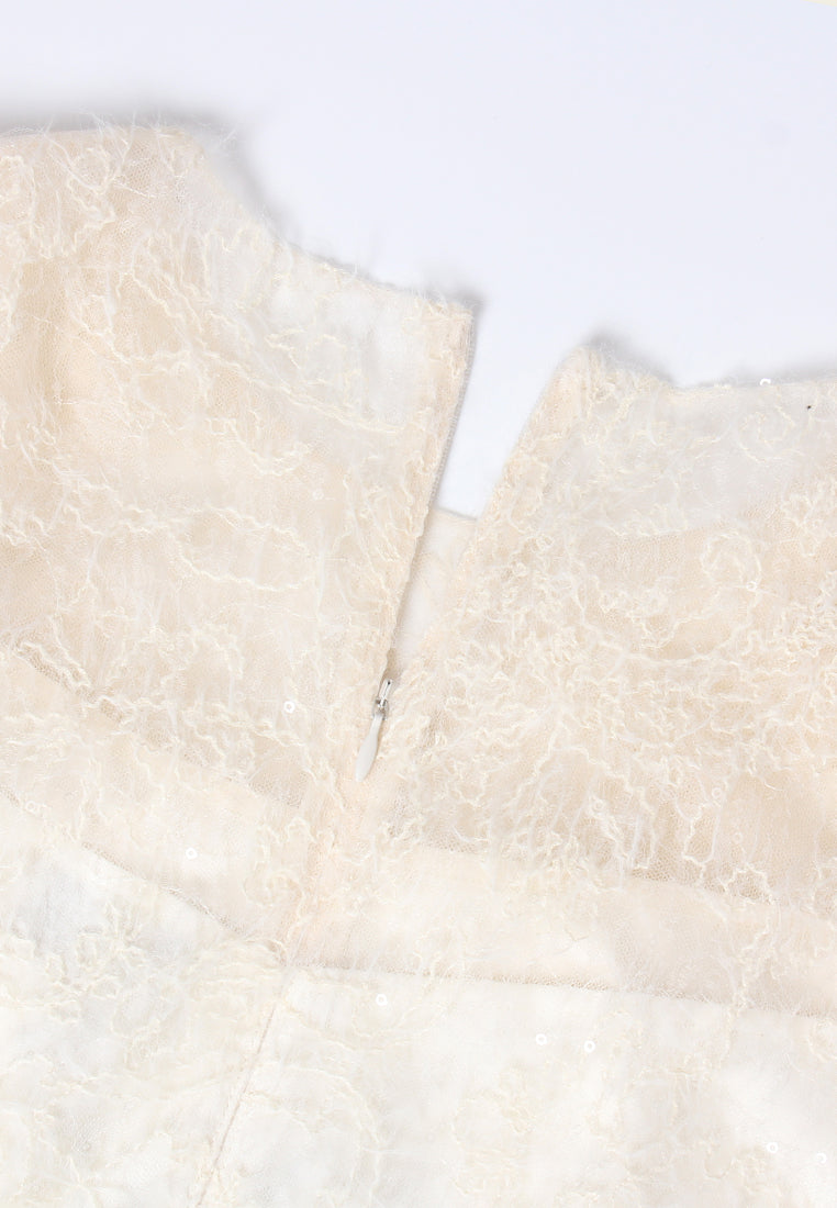 Feather-hem Embellished Lace Dress