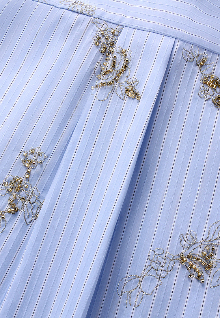 Blue Embroidered Bow Blouse