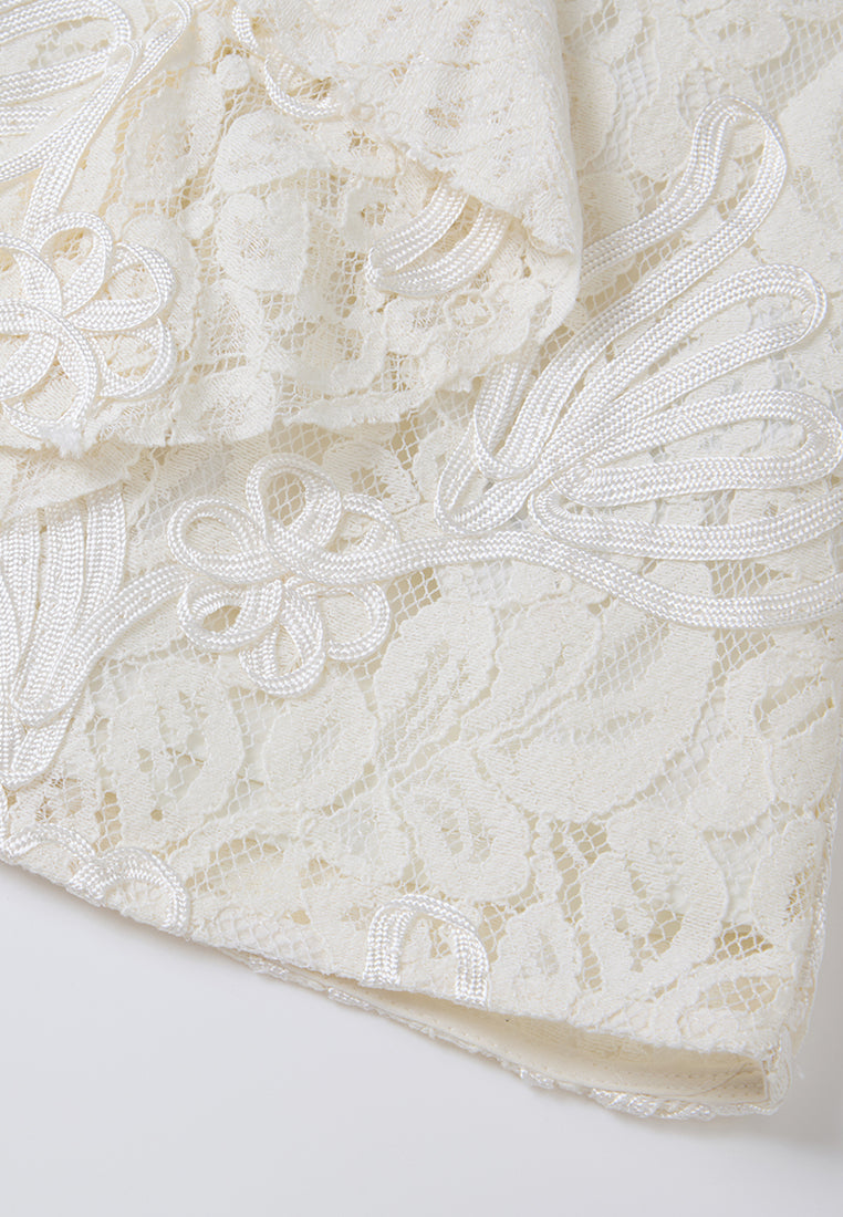 Tie-neck Embellished Cap-sleeve Lace Top