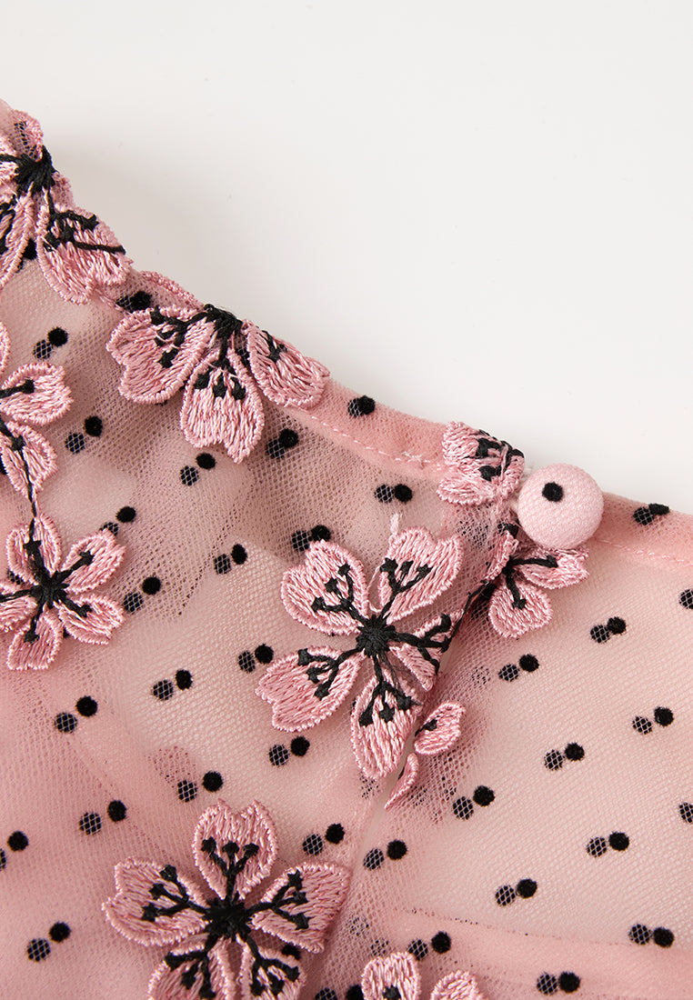 Dot Mesh Sakura-appliqué Tie-belt Dress