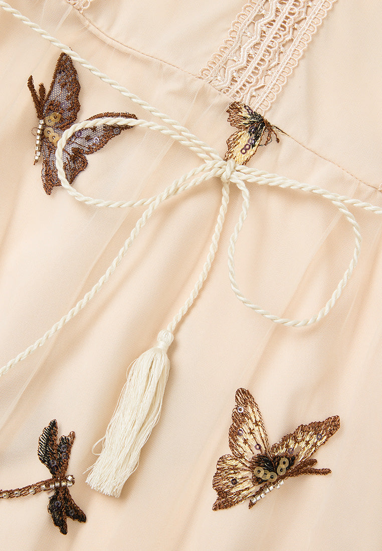Lace-trim Embroidered Mesh Dress