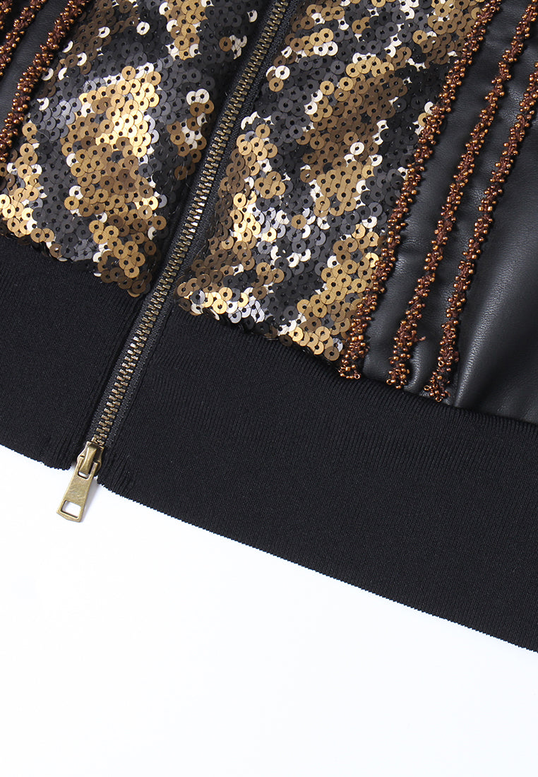 Sequin Panel Leather Zip Jacket