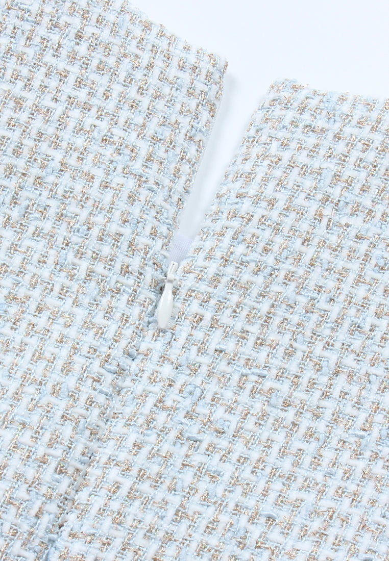 Azure Bloom Chain-Belt Tweed Dress