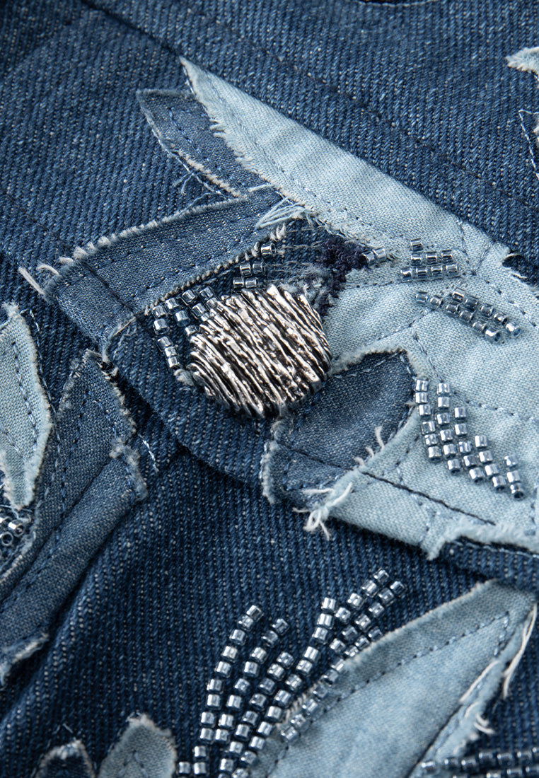 Patchwork-detail Embellished Cropped Denim Jacket