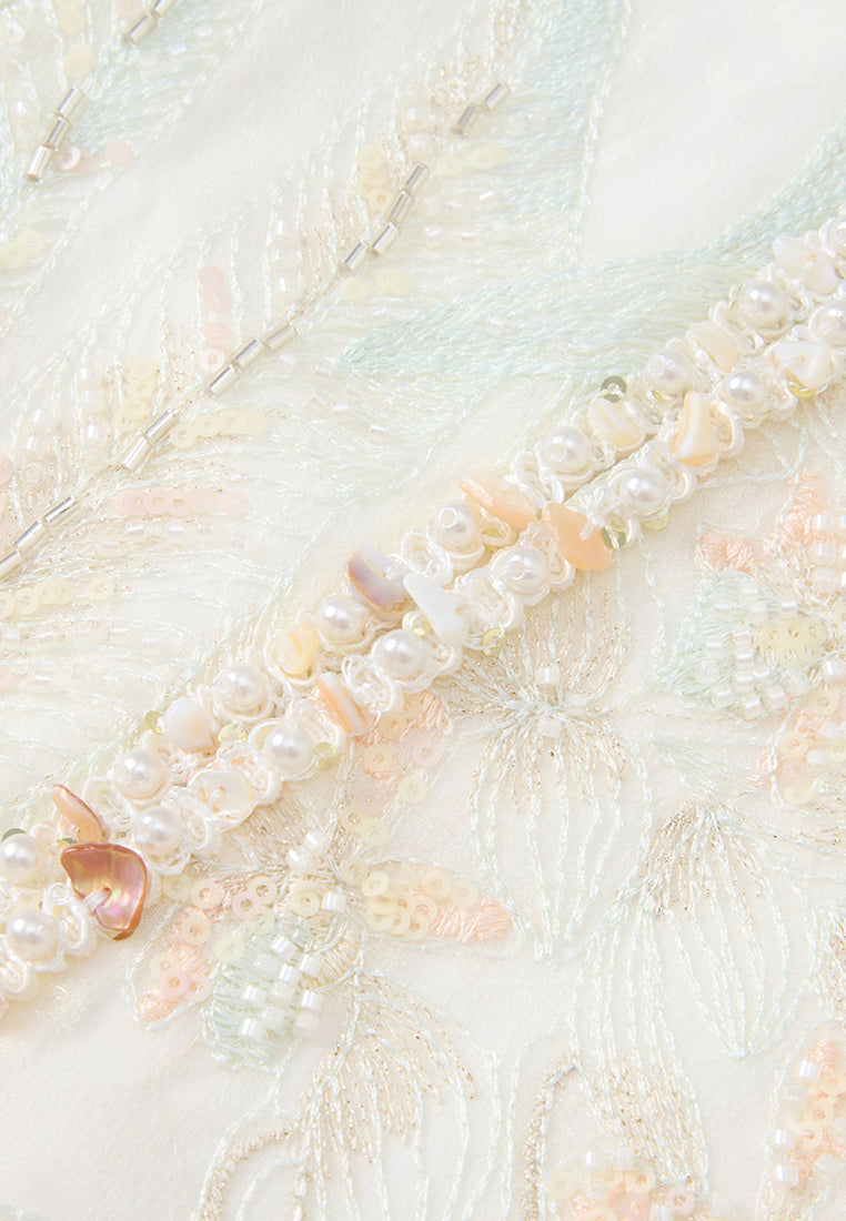 Stone-detail Embellished Floral-embroidery Long Jacket