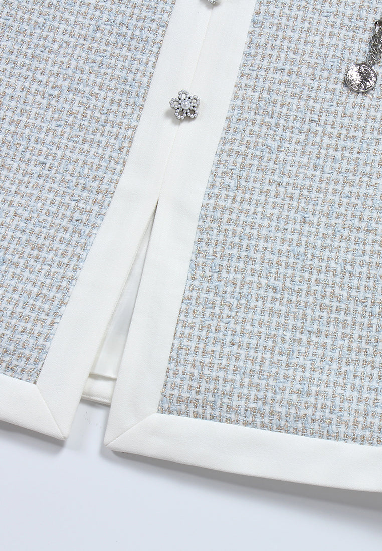 Azure Bloom Chain-Belt Tweed Dress