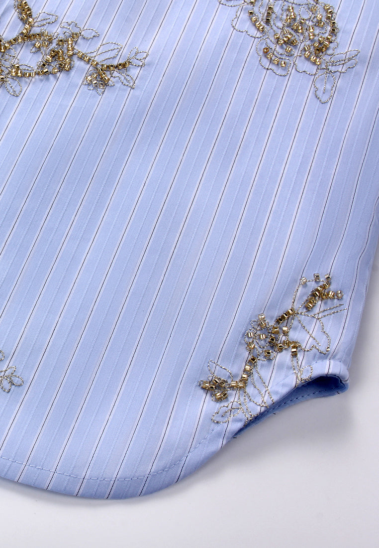 Blue Embroidered Bow Blouse