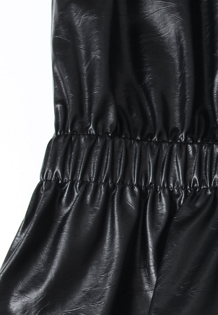 Elastic-waist Flap-pocket Faux Leather Blouse