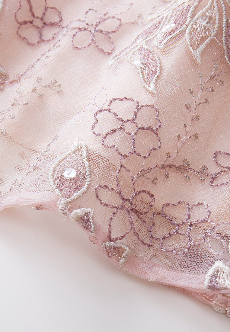Tie-waist Sequin & Embroidery Mesh Dress