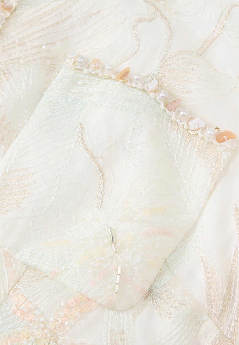 Stone-detail Embellished Floral-embroidery Long Jacket