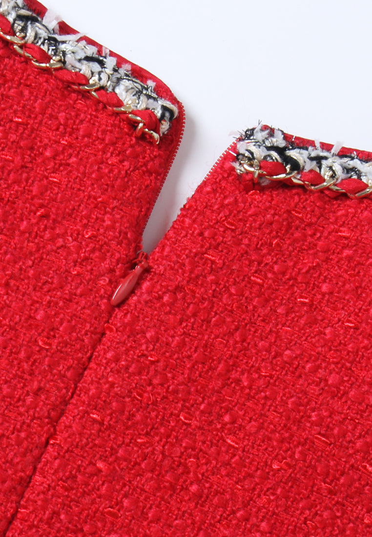 Crimson Medallion Pleated Tweed Dress