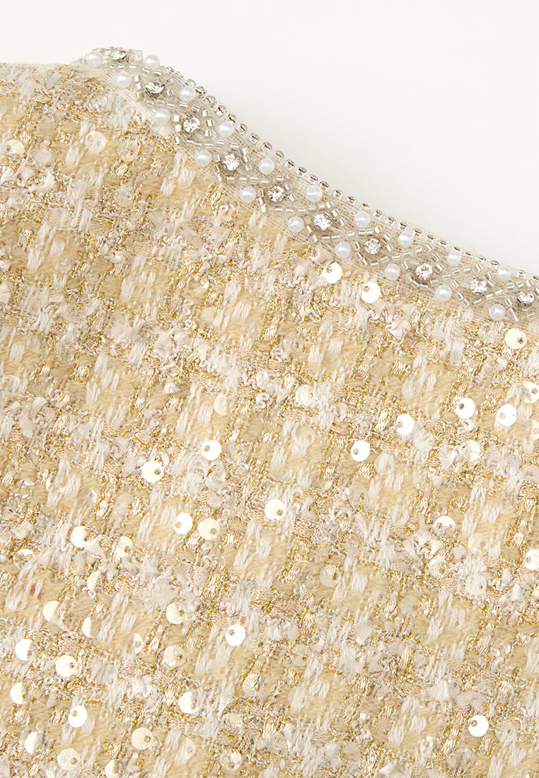 Lurex Checked Tweed Embellished Long Jacket