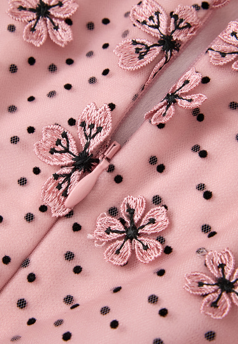 Dot Mesh Sakura-appliqué Tie-belt Dress