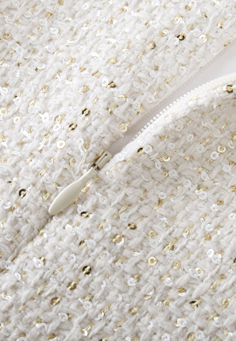 Buckle-detail Sequined Tweed Qipao