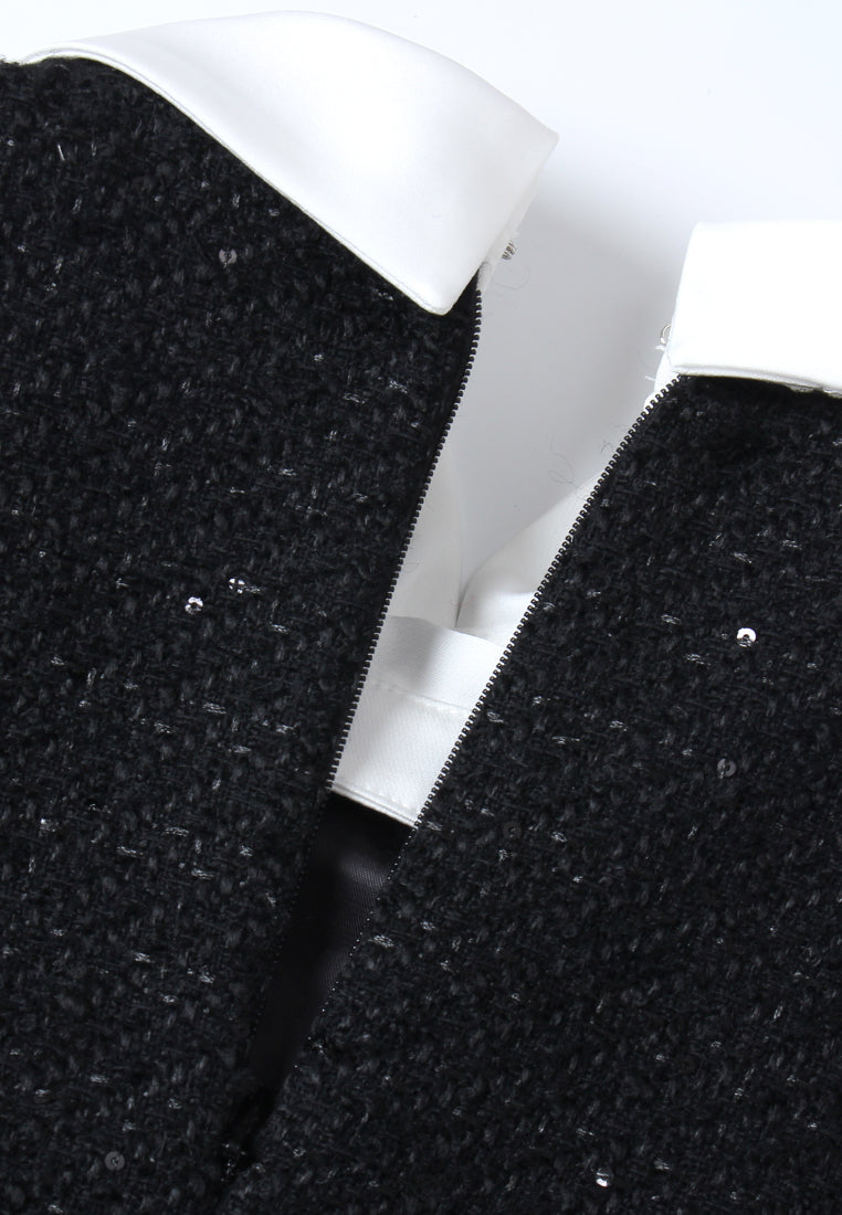 Contrast Collar Button Tweed Dress