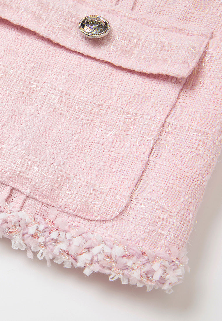 Frayed-trim Pleated-detail Checked Tweed Jacket