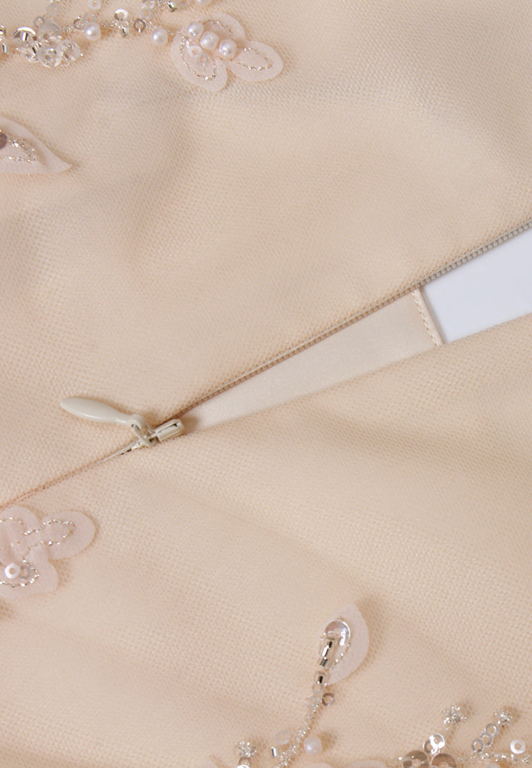 Cape-Detail Appliqué Mesh Dress