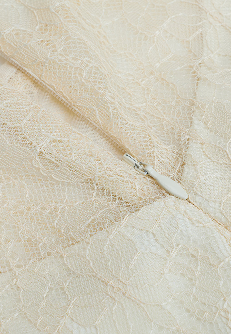 Belted Pleated-detail Lace Dress