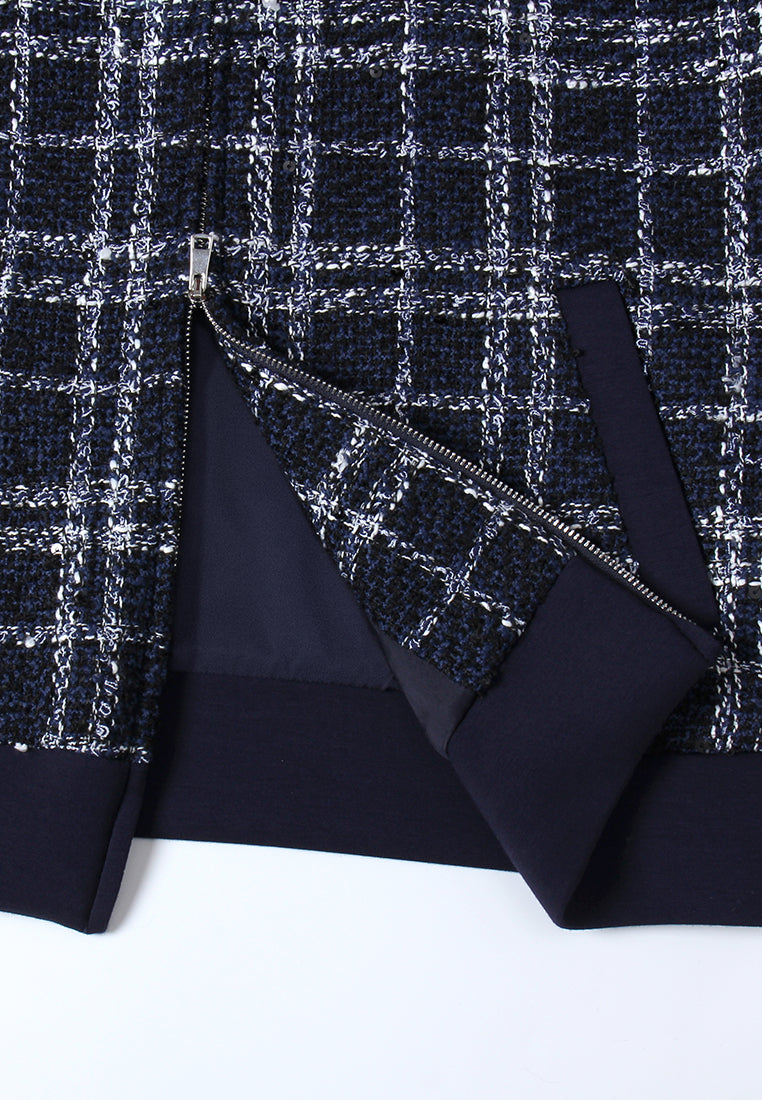 Pearl Embellished Plaid Hooded Jacket