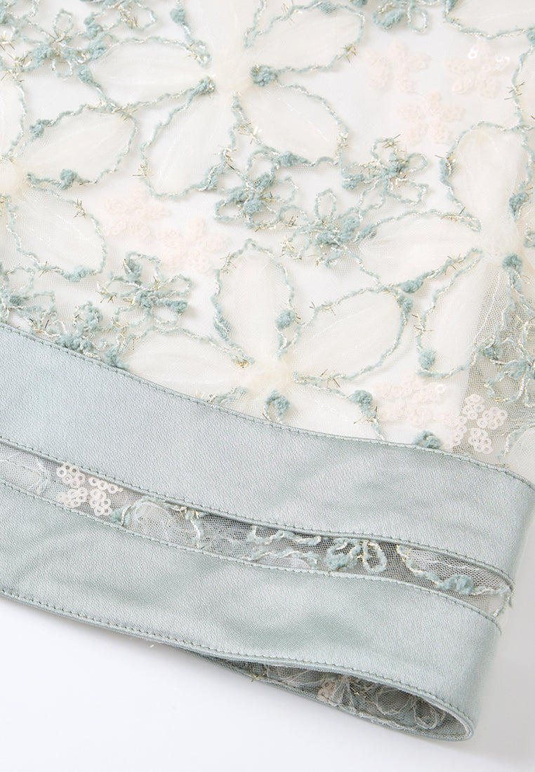 Stand-collar Stripe-detail Embroidery-detail Mesh Dress