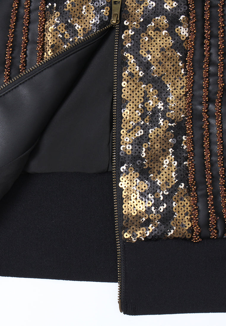 Sequin Panel Leather Zip Jacket