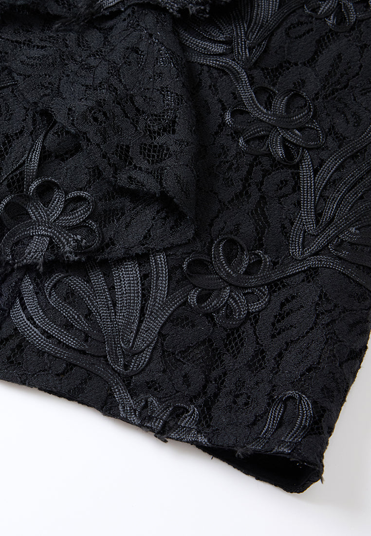 Tie-neck Embellished Cap-sleeve Lace Top