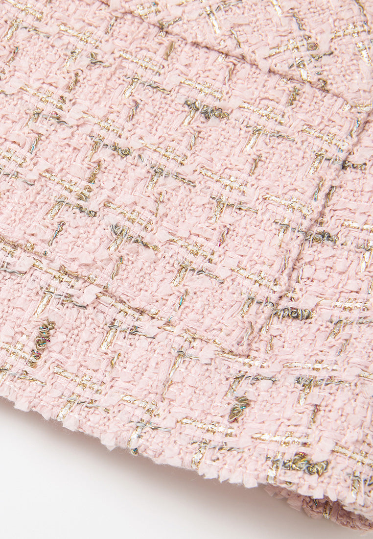 Three-quarter Sleeves Checked Pocketed Tweed Jacket
