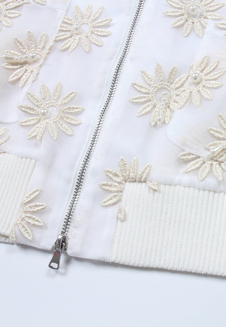 Ivory Daisy Sheer Pearl Bomber Jacket