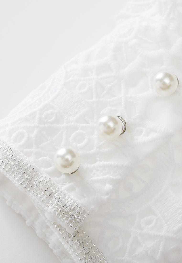 White Lace Stand Collar Tie Waist Dress