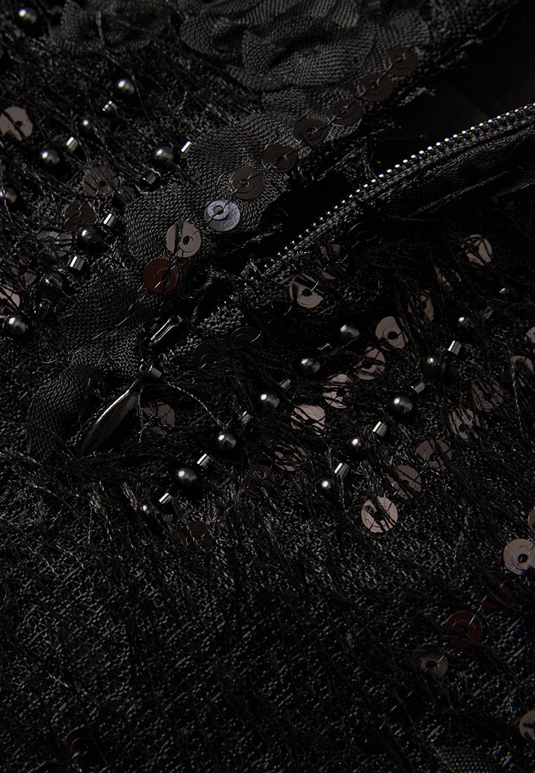 Frayed Detail Welt-pocekt Embellished Dress