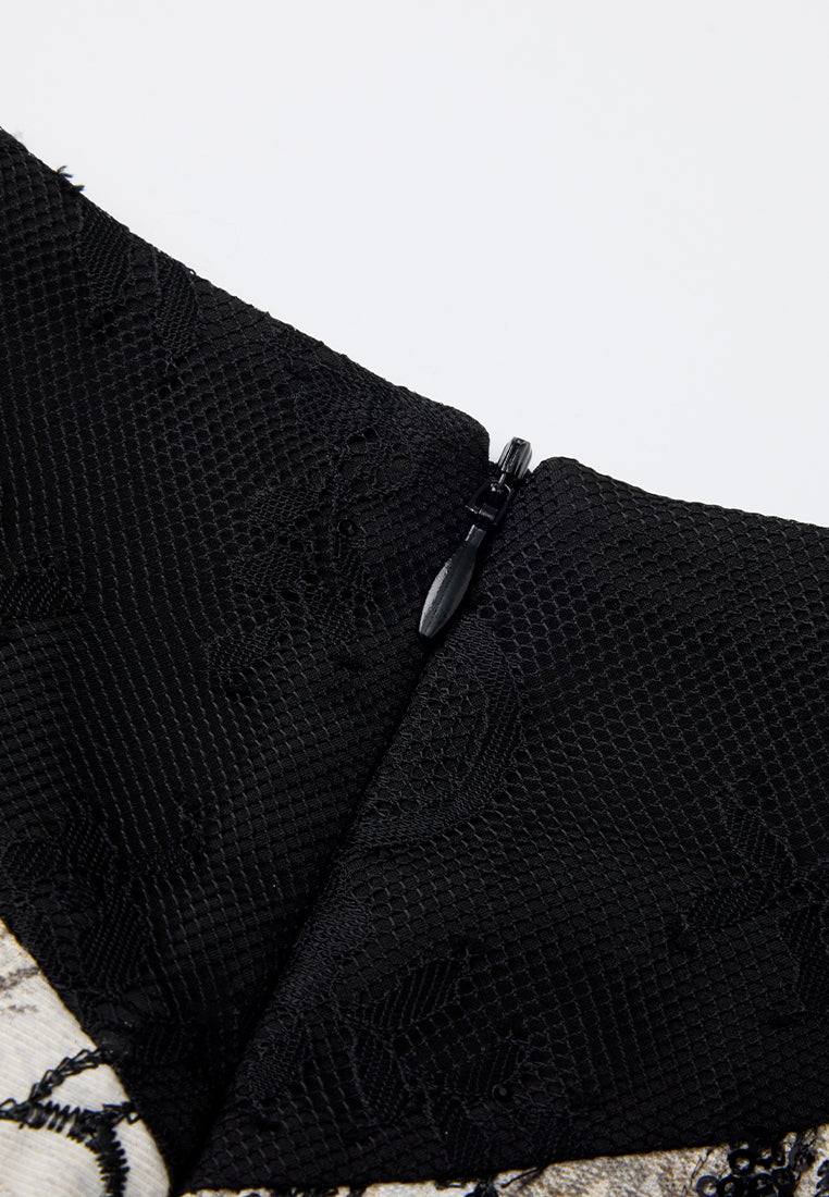 Belted Jacquard Contrasting-lapel Embellished Dress