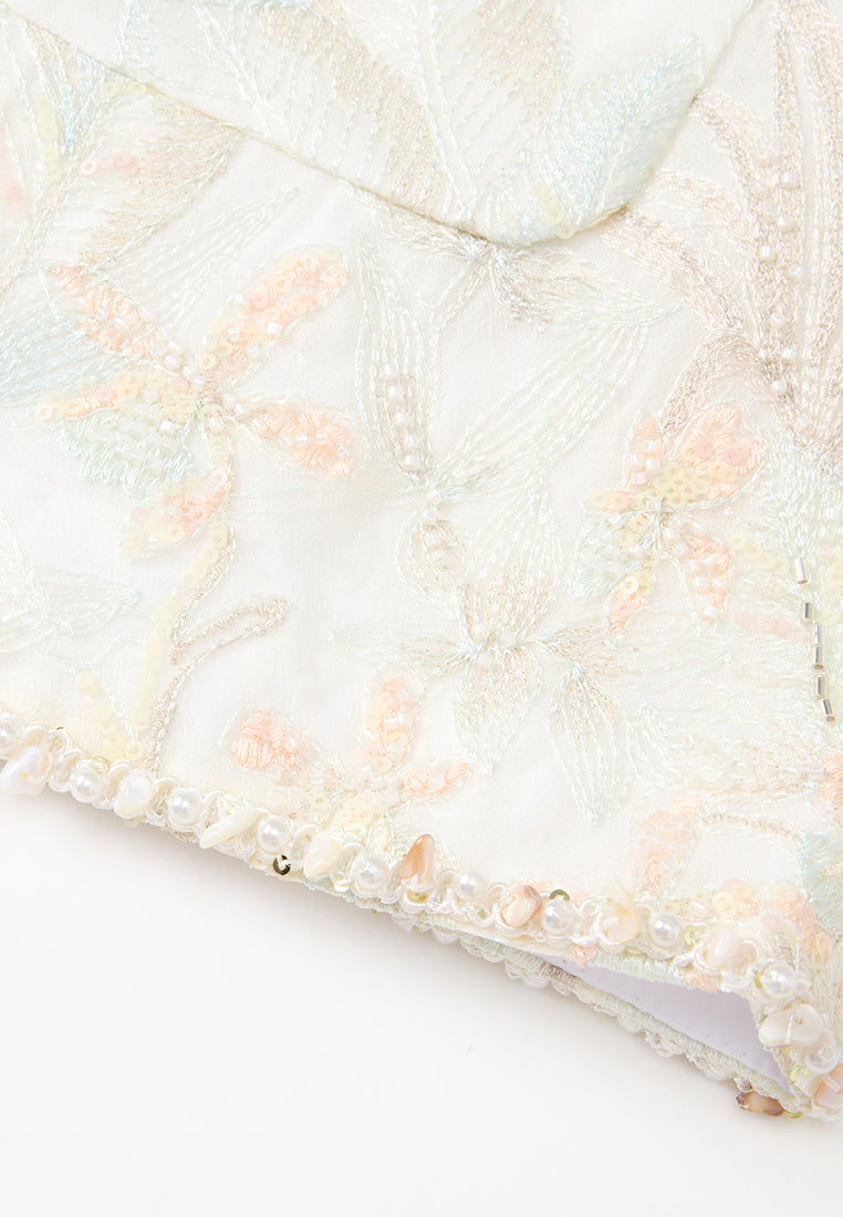 Stone-detail Embellished Floral-embroidery Long Jacket