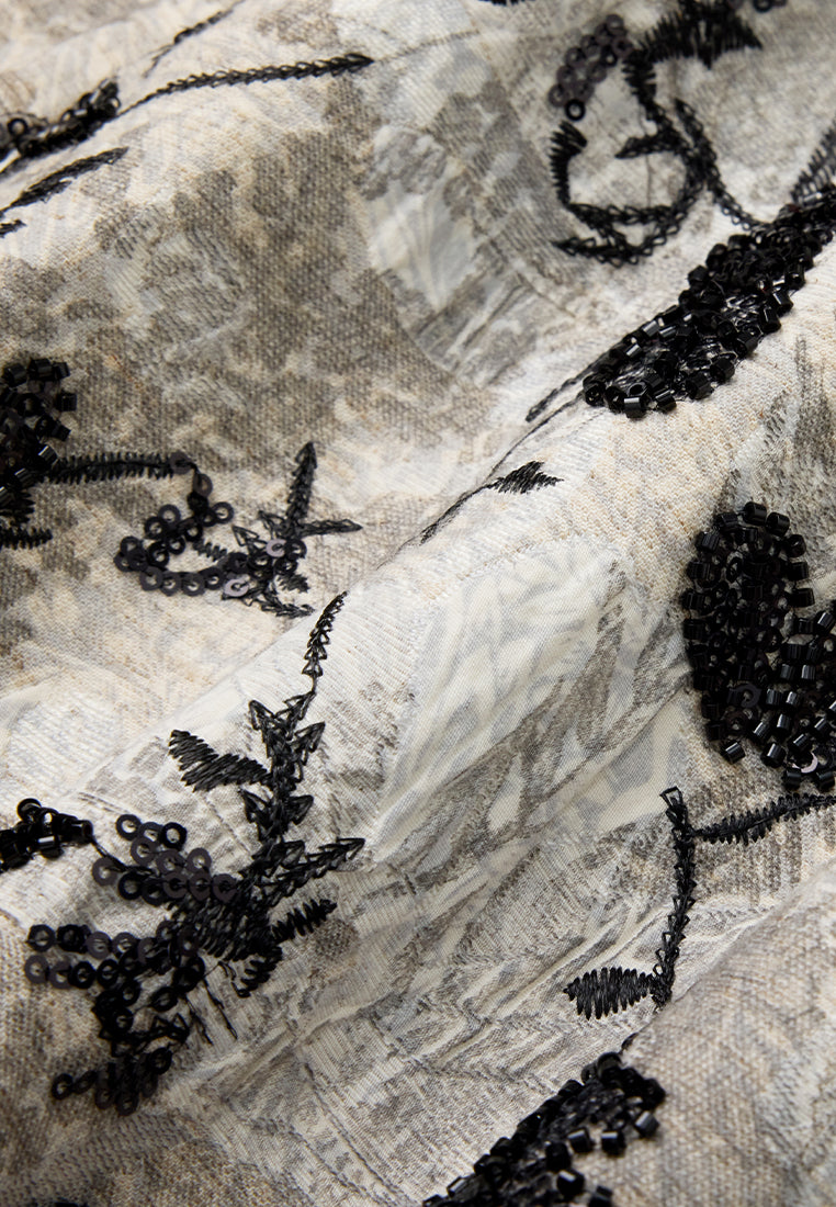 Belted Jacquard Contrasting-lapel Embellished Dress