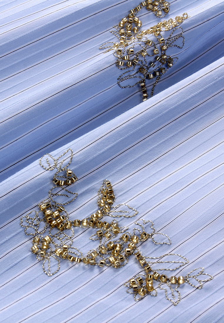 Blue Embroidered Bow Blouse