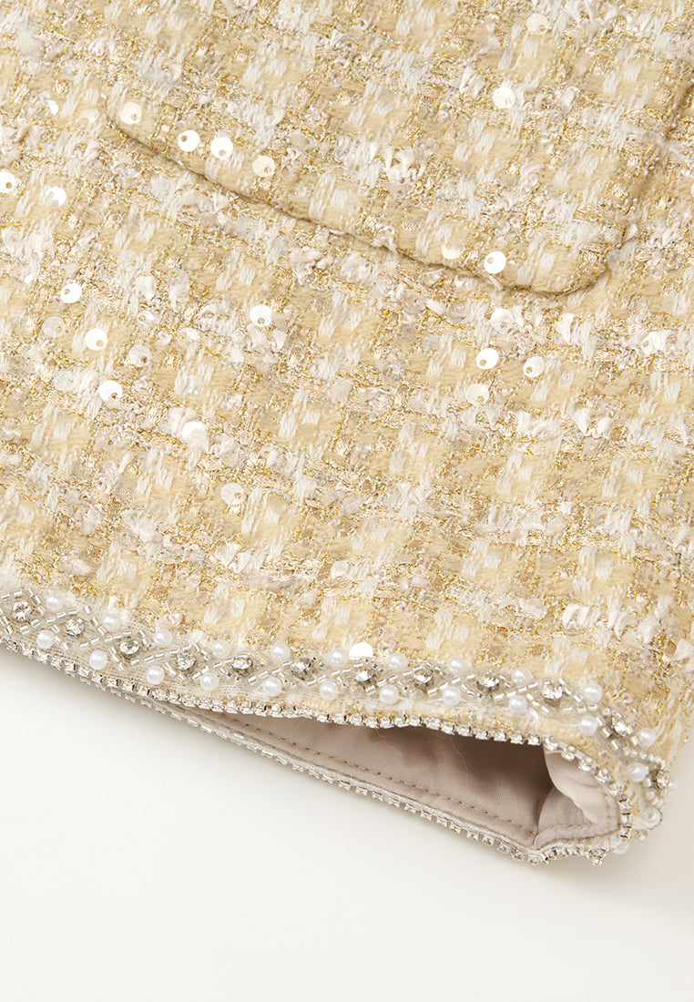 Lurex Checked Tweed Embellished Long Jacket