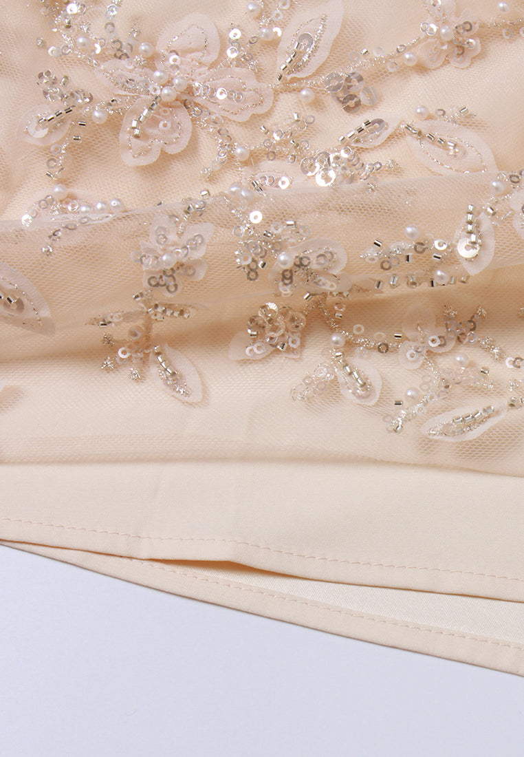 Cape-Detail Appliqué Mesh Dress