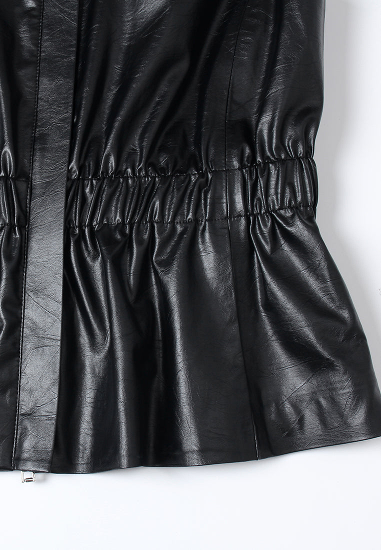 Elastic-waist Flap-pocket Faux Leather Blouse