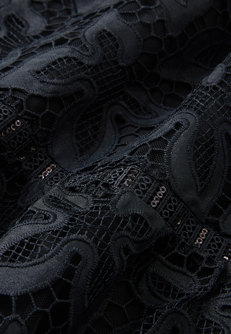 V-neck Panelled Hollow-carved Lace Dress