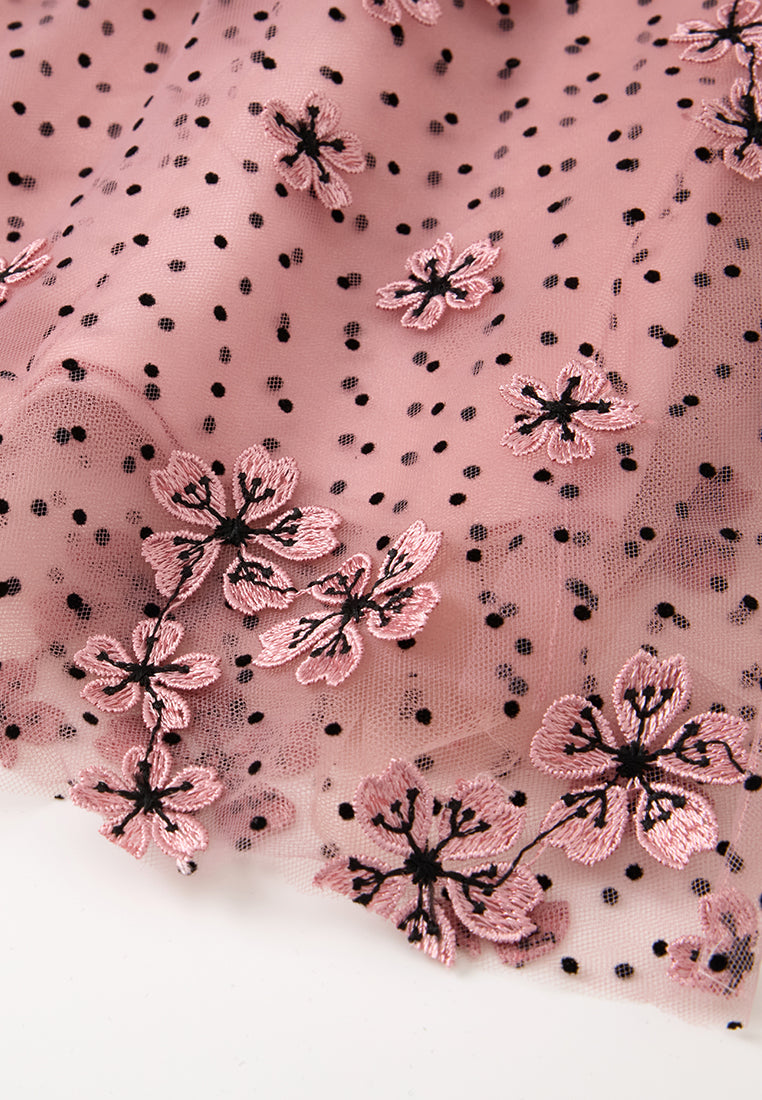 Dot Mesh Sakura-appliqué Tie-belt Dress