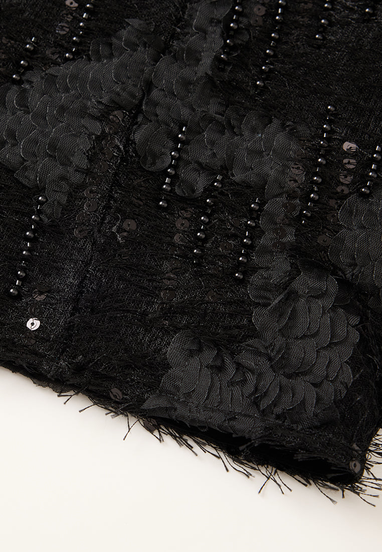 Frayed Detail Welt-pocekt Embellished Dress